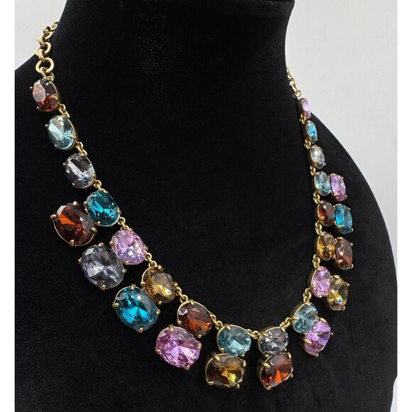 J.Crew Gold Tone Blue Purple Red Oval Rhinestone Statement Necklace New With Tag - Picture 2 of 9